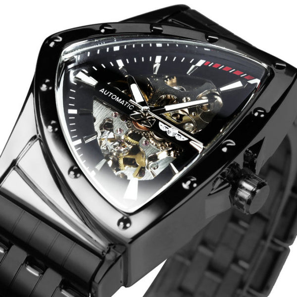 Triangle Military Men Watch Skeleton Mechanical Automatic Wristwatches Silver Stainless Steel Strap Irregular
