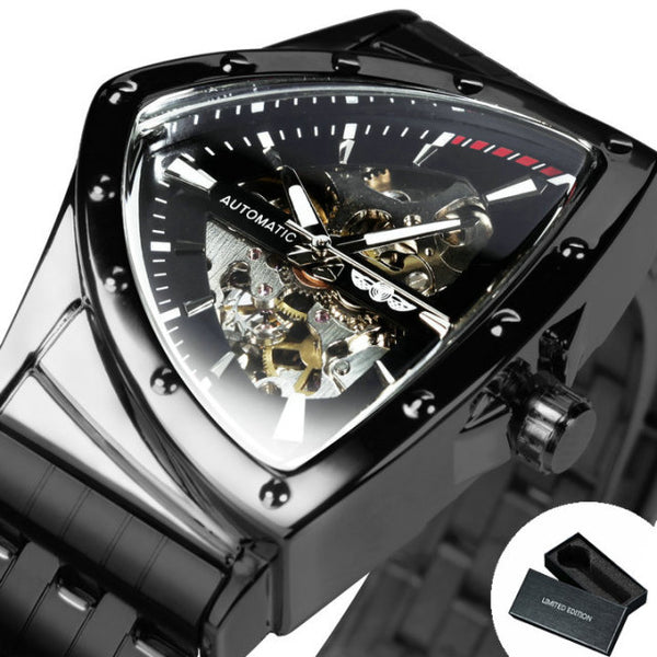 Triangle Military Men Watch Skeleton Mechanical Automatic Wristwatches Silver Stainless Steel Strap Irregular