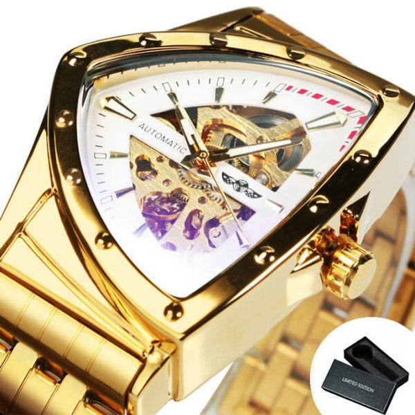 Triangle Military Men Watch Skeleton Mechanical Automatic Wristwatches Silver Stainless Steel Strap Irregular