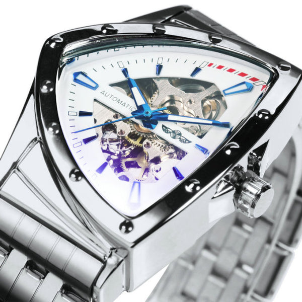 Triangle Military Men Watch Skeleton Mechanical Automatic Wristwatches Silver Stainless Steel Strap Irregular