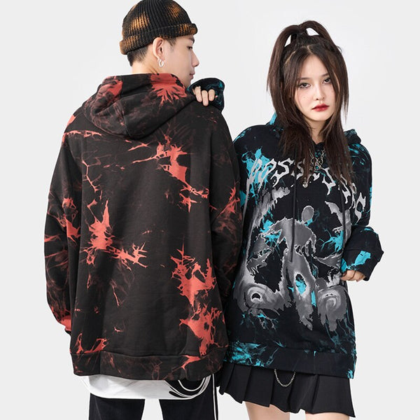 Hoodie Men Punk Watercolor Tie Dye Printed Hooded Pullover Sweatshirts Oversized Hipster Hip Hop Tops Couple Streetwear