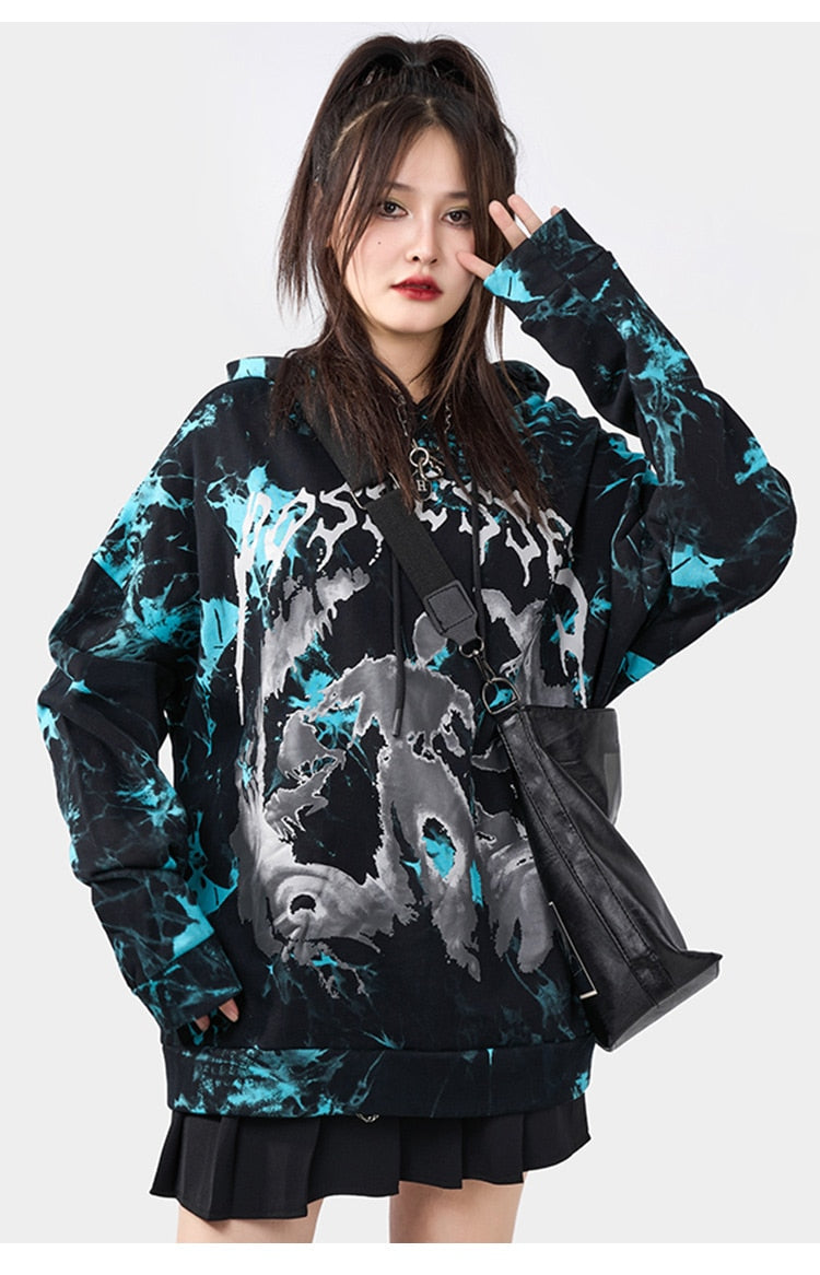 Hoodie Men Punk Watercolor Tie Dye Printed Hooded Pullover Sweatshirts Oversized Hipster Hip Hop Tops Couple Streetwear