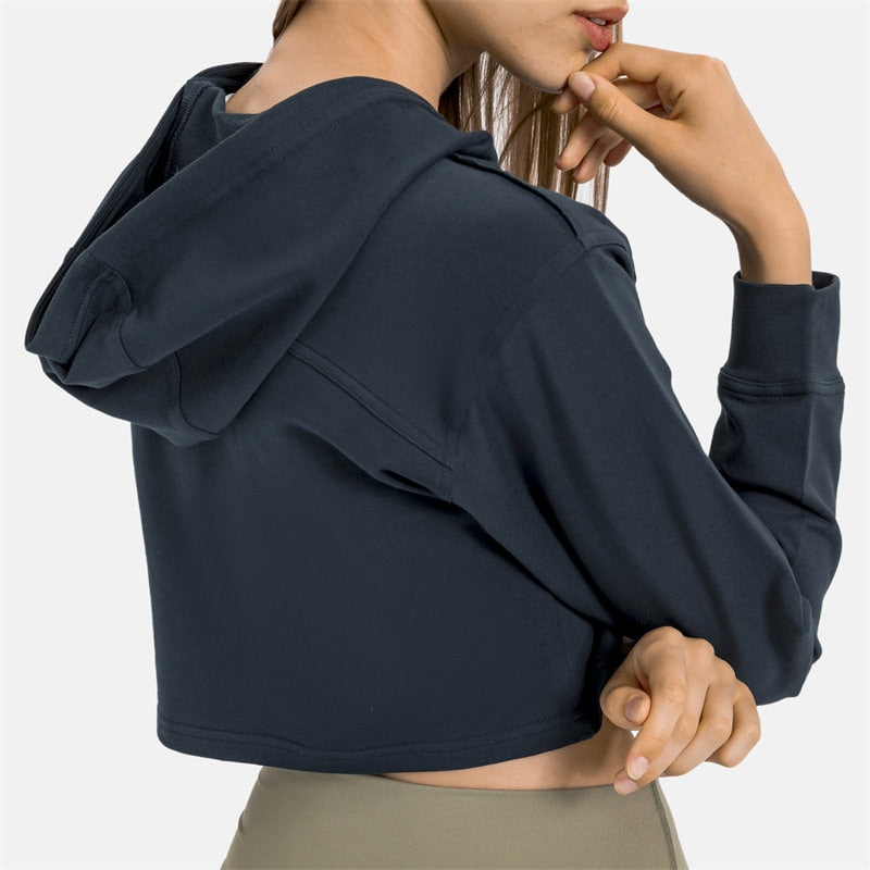 Women Workout Crop Hoodie Long Sleeve Sweatshirt Casual Pullove Sport Top Fitness Women