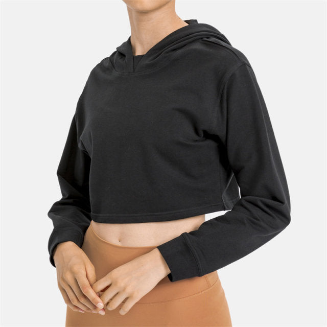 Women Workout Crop Hoodie Long Sleeve Sweatshirt Casual Pullove Sport Top Fitness Women