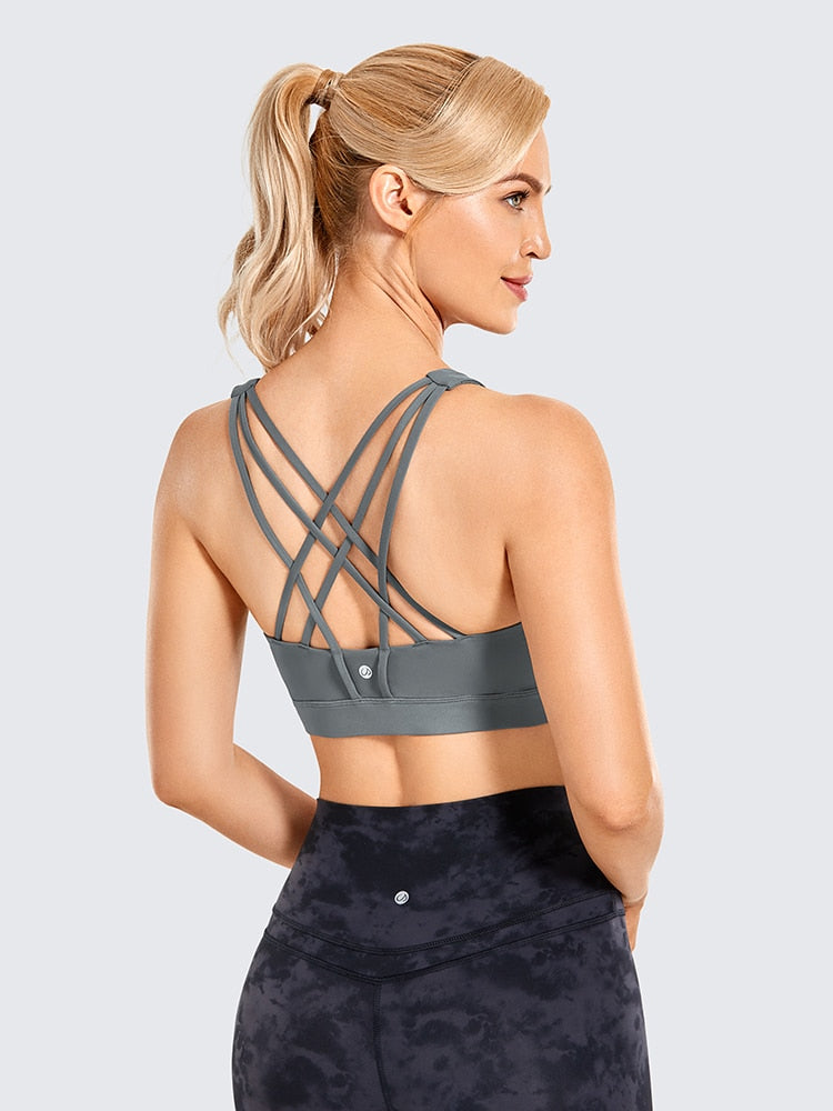 Women's Strappy Sports Bras High Neck Wirefree Yoga Bras Tops Padded with Built in Bra