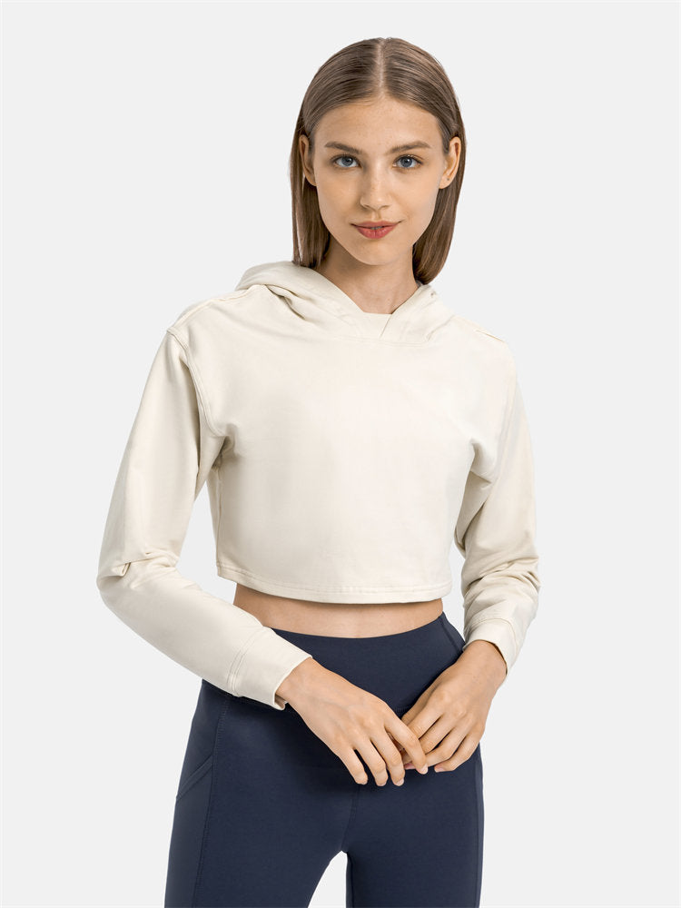 Women Workout Crop Hoodie Long Sleeve Sweatshirt Casual Pullove Sport Top Fitness Women