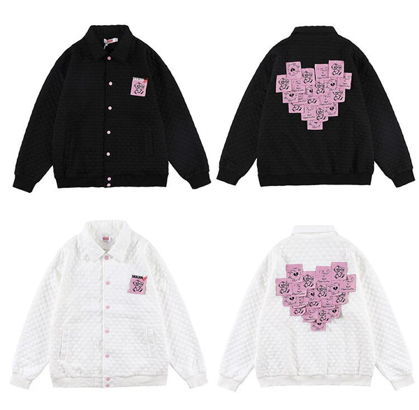 Track Jacket Men Heart-shaped Sticky Note Coat Turn-down Casual Fashion College Style Hipster Outwear Couple Streetwear