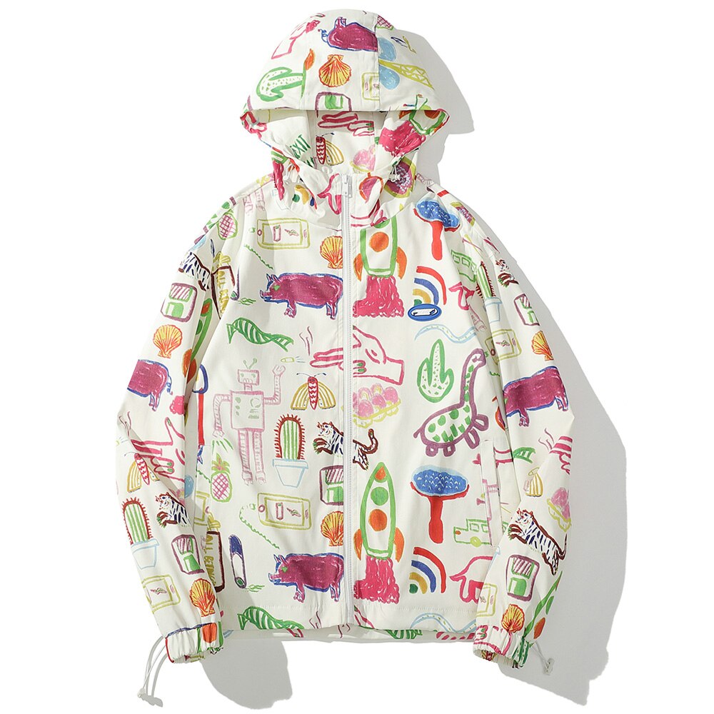 Jacket Men Colorful Graffiti Painting Print Zipper Coats Loose Casual Punk Cool Hip Hop Style Outwear Couple Streetwear