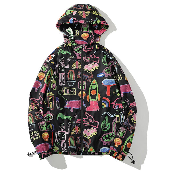 Jacket Men Colorful Graffiti Painting Print Zipper Coats Loose Casual Punk Cool Hip Hop Style Outwear Couple Streetwear