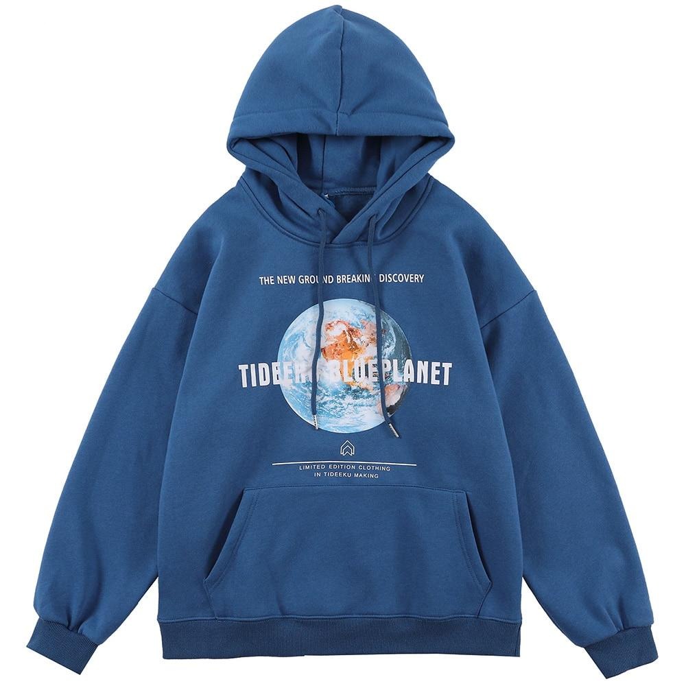 Hoodie Men Blue Planet Letter Big Pocket Pullover Fleece Warm Cozy Sweatshirt College Style All-match Streetwear Couple