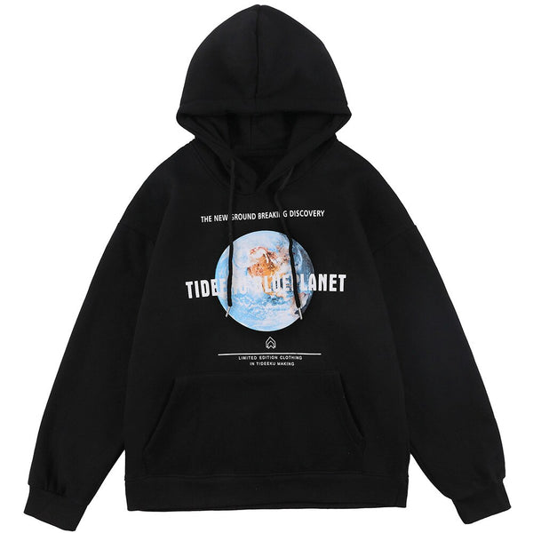 Hoodie Men Blue Planet Letter Big Pocket Pullover Fleece Warm Cozy Sweatshirt College Style All-match Streetwear Couple