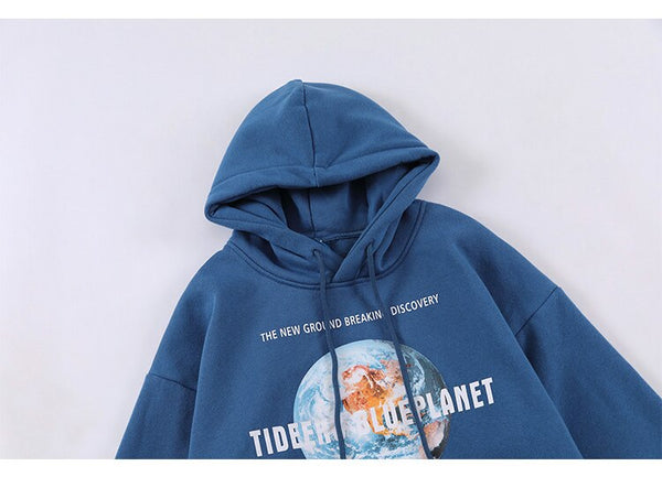 Hoodie Men Blue Planet Letter Big Pocket Pullover Fleece Warm Cozy Sweatshirt College Style All-match Streetwear Couple