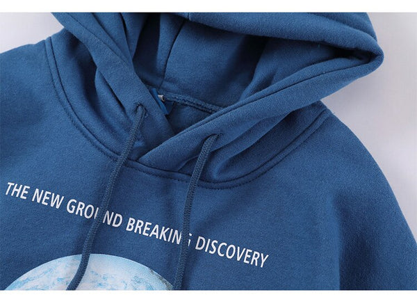 Hoodie Men Blue Planet Letter Big Pocket Pullover Fleece Warm Cozy Sweatshirt College Style All-match Streetwear Couple