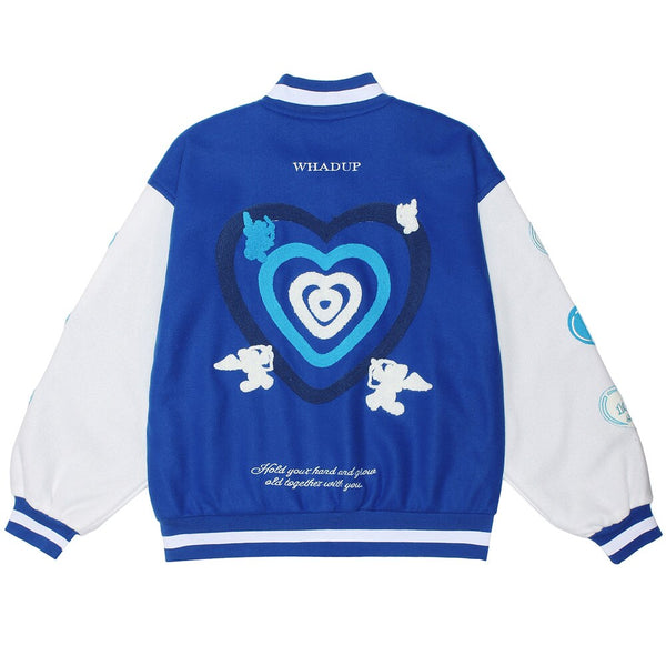 Jacket Men Heart-shaped Patches Letter Embroidery Patchwork Color Sleeve Coat Harajuku College Style Varsity Streetwear
