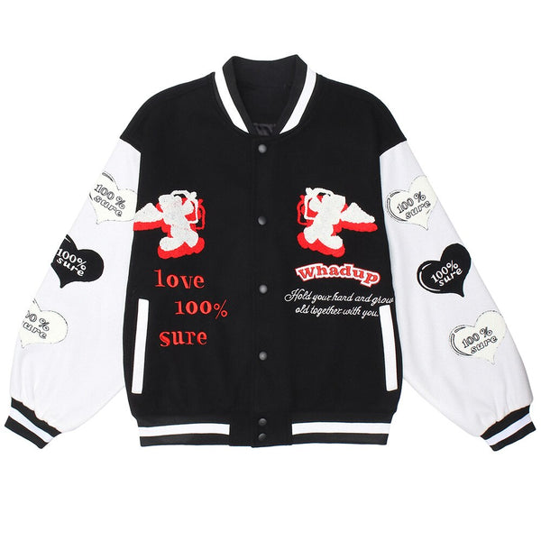 Jacket Men Heart-shaped Patches Letter Embroidery Patchwork Color Sleeve Coat Harajuku College Style Varsity Streetwear