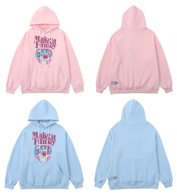 Hoodie Men Cute Comics Girl Heart-shaped Print Fleece Pullover Big pocket College Style Casual Japanese Tops Streetwear