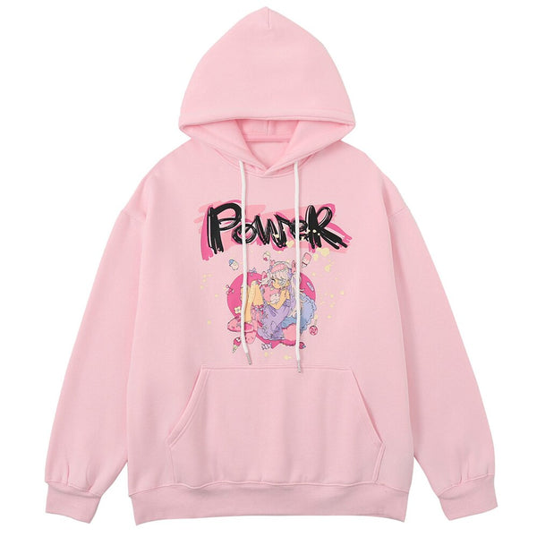 Hoodies Men Cartoon Comics Girl Letter Graffiti Fleece Pullovers College Style Casual Loose Cozy Tops Streetwear Couple