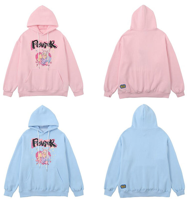 Hoodies Men Cartoon Comics Girl Letter Graffiti Fleece Pullovers College Style Casual Loose Cozy Tops Streetwear Couple