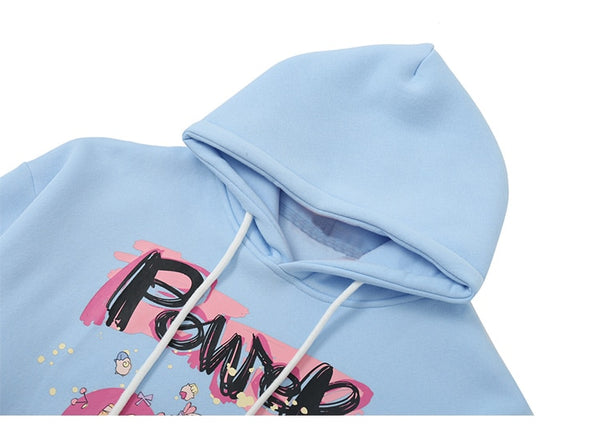 Hoodies Men Cartoon Comics Girl Letter Graffiti Fleece Pullovers College Style Casual Loose Cozy Tops Streetwear Couple