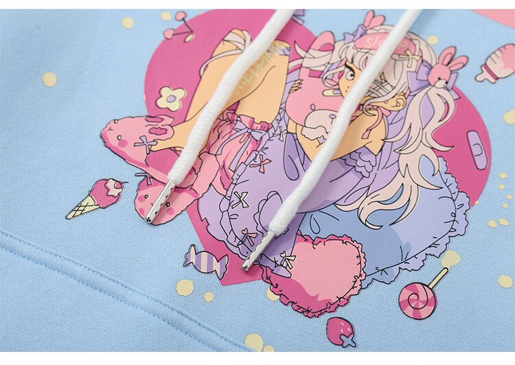 Hoodies Men Cartoon Comics Girl Letter Graffiti Fleece Pullovers College Style Casual Loose Cozy Tops Streetwear Couple