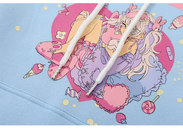 Hoodies Men Cartoon Comics Girl Letter Graffiti Fleece Pullovers College Style Casual Loose Cozy Tops Streetwear Couple