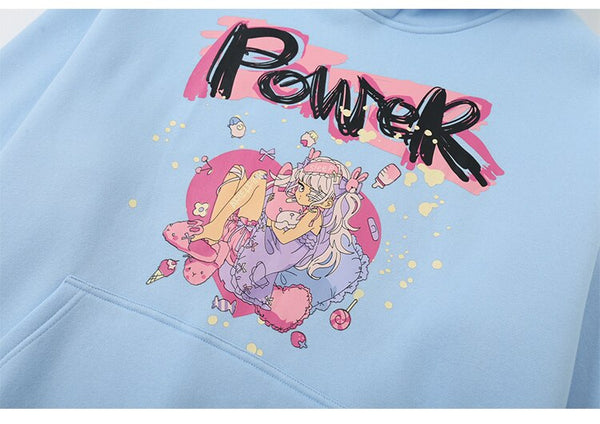 Hoodies Men Cartoon Comics Girl Letter Graffiti Fleece Pullovers College Style Casual Loose Cozy Tops Streetwear Couple