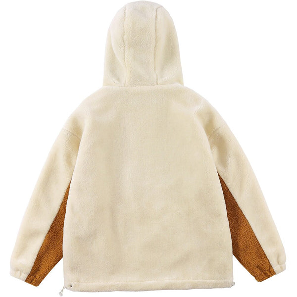 Jacket Men Furry Bear Color Block Patchwork Flannel Outwear College Style Hooded Coats Soft Cozy Warm Couple Streetwear