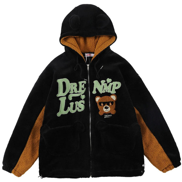 Jacket Men Furry Bear Color Block Patchwork Flannel Outwear College Style Hooded Coats Soft Cozy Warm Couple Streetwear