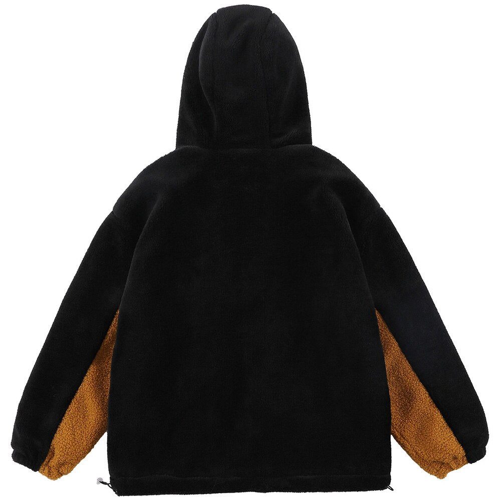 Jacket Men Furry Bear Color Block Patchwork Flannel Outwear College Style Hooded Coats Soft Cozy Warm Couple Streetwear
