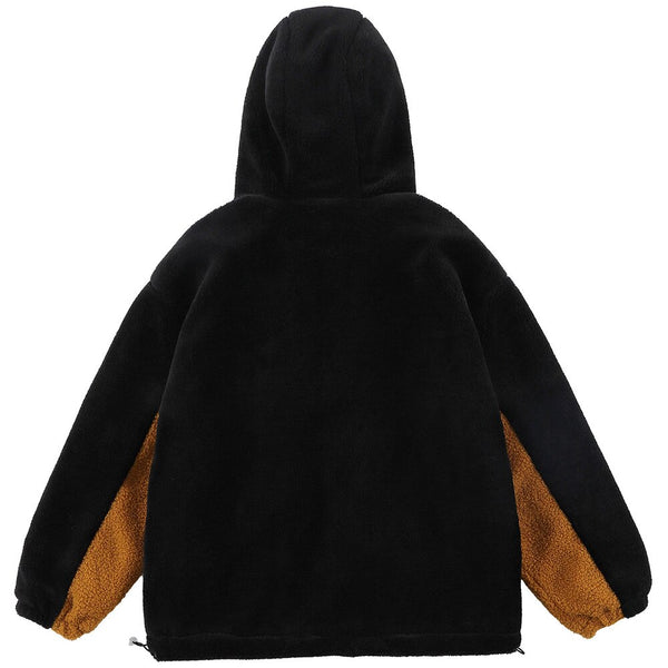 Jacket Men Furry Bear Color Block Patchwork Flannel Outwear College Style Hooded Coats Soft Cozy Warm Couple Streetwear