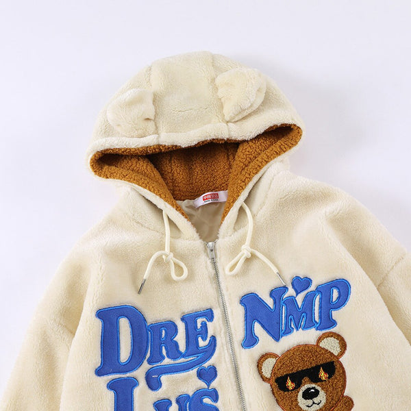 Jacket Men Furry Bear Color Block Patchwork Flannel Outwear College Style Hooded Coats Soft Cozy Warm Couple Streetwear