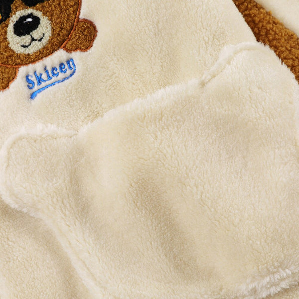 Jacket Men Furry Bear Color Block Patchwork Flannel Outwear College Style Hooded Coats Soft Cozy Warm Couple Streetwear