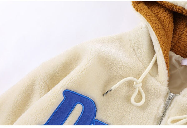 Jacket Men Furry Bear Color Block Patchwork Flannel Outwear College Style Hooded Coats Soft Cozy Warm Couple Streetwear