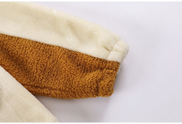 Jacket Men Furry Bear Color Block Patchwork Flannel Outwear College Style Hooded Coats Soft Cozy Warm Couple Streetwear