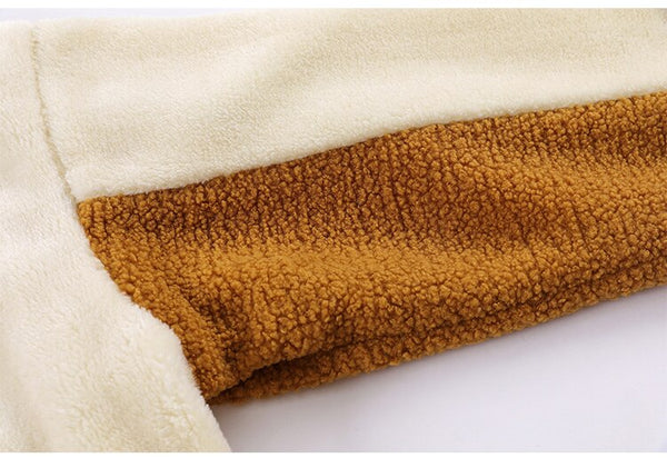 Jacket Men Furry Bear Color Block Patchwork Flannel Outwear College Style Hooded Coats Soft Cozy Warm Couple Streetwear