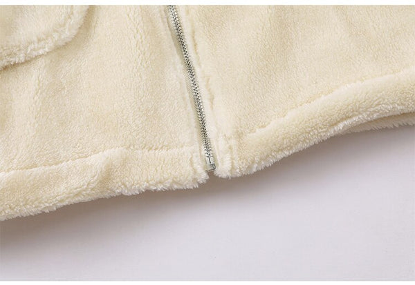 Jacket Men Furry Bear Color Block Patchwork Flannel Outwear College Style Hooded Coats Soft Cozy Warm Couple Streetwear