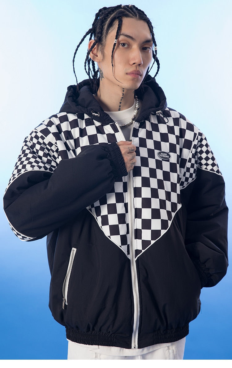 Winter Jacket Men Plaid Print Zipper Pockets Hooded Padded Coat Couple High Street Casual All-match Warm Parkas Outwear