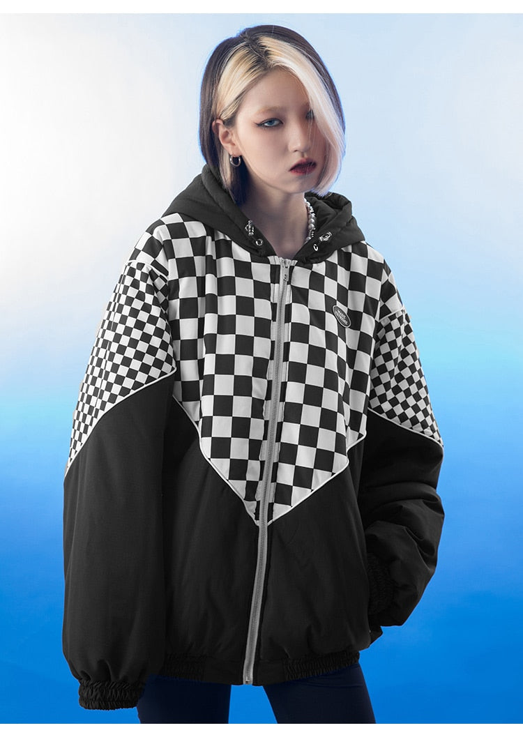 Winter Jacket Men Plaid Print Zipper Pockets Hooded Padded Coat Couple High Street Casual All-match Warm Parkas Outwear