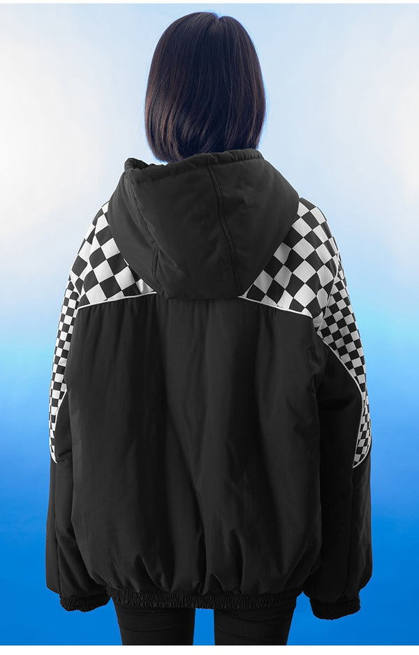 Winter Jacket Men Plaid Print Zipper Pockets Hooded Padded Coat Couple High Street Casual All-match Warm Parkas Outwear