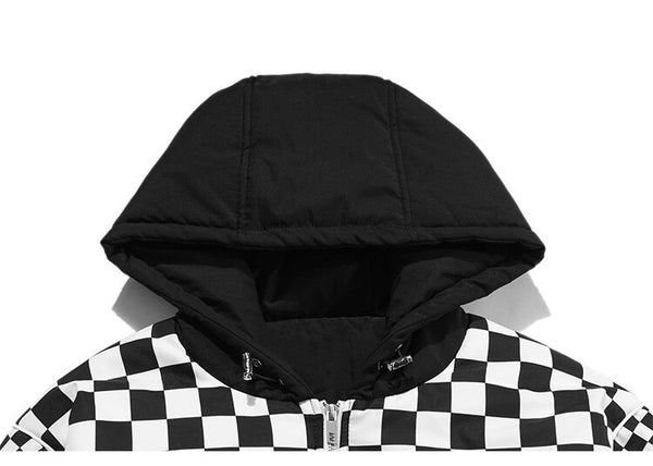 Winter Jacket Men Plaid Print Zipper Pockets Hooded Padded Coat Couple High Street Casual All-match Warm Parkas Outwear