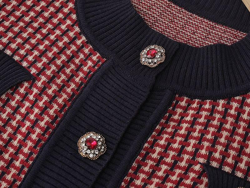 Red Plaid Cardigan Vintage Spring Women Short Sweater Coat Full O-Neck Diamond Buckle Knit Elegant Tops