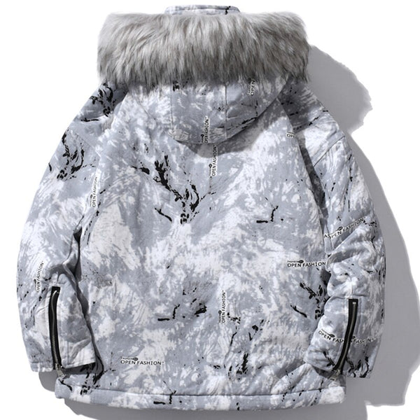 Parka Jacket Men Letter Tie Dye Print Zipper Sleeve Hooded Jackets Coat Winter Harajuku Hip Hop Warm Padded Outwear Men