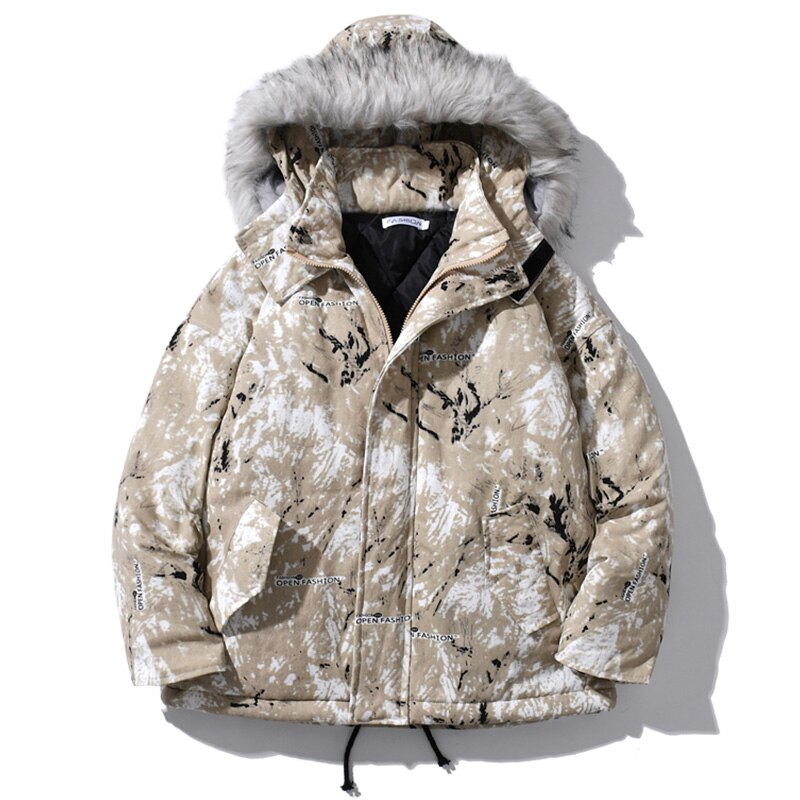 Parka Jacket Men Letter Tie Dye Print Zipper Sleeve Hooded Jackets Coat Winter Harajuku Hip Hop Warm Padded Outwear Men