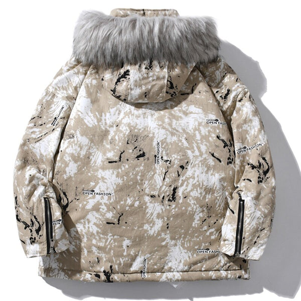Parka Jacket Men Letter Tie Dye Print Zipper Sleeve Hooded Jackets Coat Winter Harajuku Hip Hop Warm Padded Outwear Men