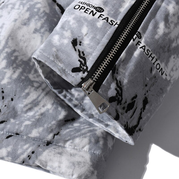 Parka Jacket Men Letter Tie Dye Print Zipper Sleeve Hooded Jackets Coat Winter Harajuku Hip Hop Warm Padded Outwear Men
