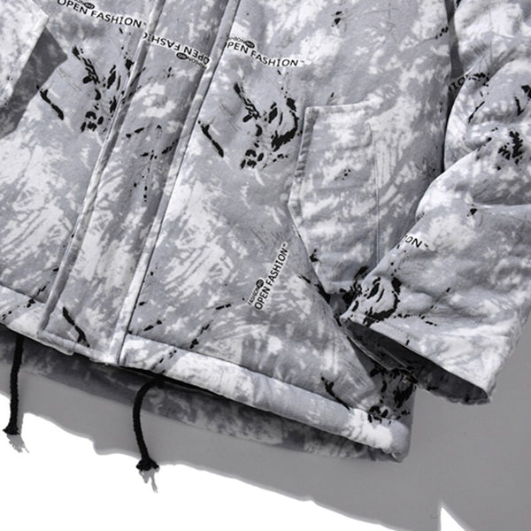 Parka Jacket Men Letter Tie Dye Print Zipper Sleeve Hooded Jackets Coat Winter Harajuku Hip Hop Warm Padded Outwear Men