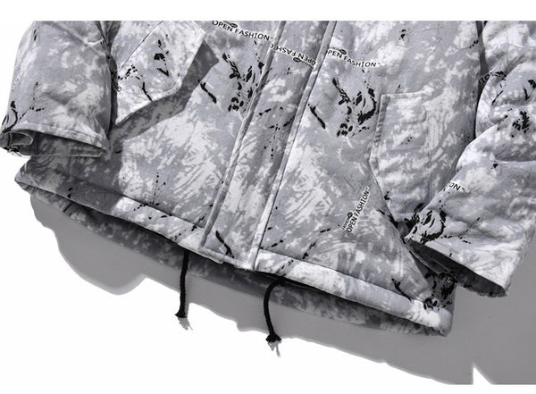 Parka Jacket Men Letter Tie Dye Print Zipper Sleeve Hooded Jackets Coat Winter Harajuku Hip Hop Warm Padded Outwear Men