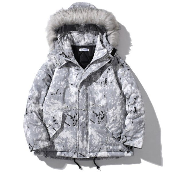 Parka Jacket Men Letter Tie Dye Print Zipper Sleeve Hooded Jackets Coat Winter Harajuku Hip Hop Warm Padded Outwear Men