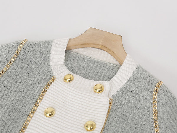 Fall Winter Knit Cardigan England Style O-Neck Double Breasted Long Sleeve Temperament Luxury Chain Women Sweater Outwear