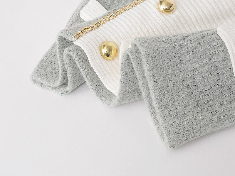 Fall Winter Knit Cardigan England Style O-Neck Double Breasted Long Sleeve Temperament Luxury Chain Women Sweater Outwear